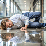 A man in business attire lying on the floor in pain after slipping on a wet surface indoors.